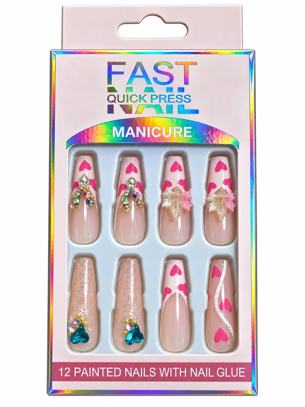 Quick Press Manicure - Pink Heart Press-On Nails (12 Pack)